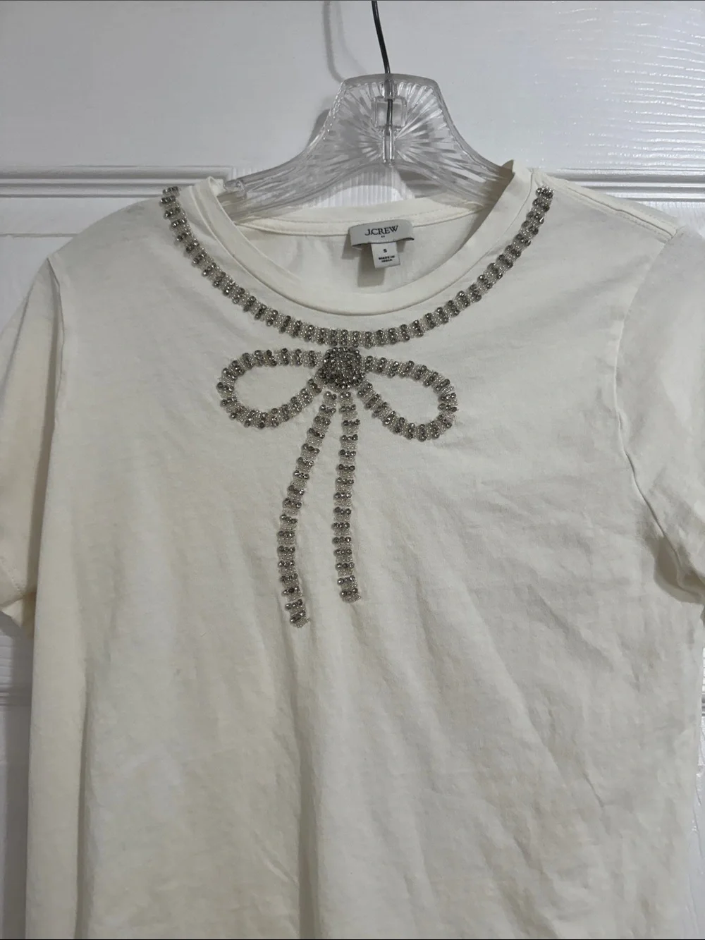 J. Crew Cream Short-Sleeve Tee with Rhinestone Bow Neckline